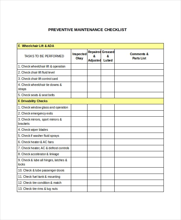 Preventive Maintenance Checklist Template 41 Checklist Templates 
