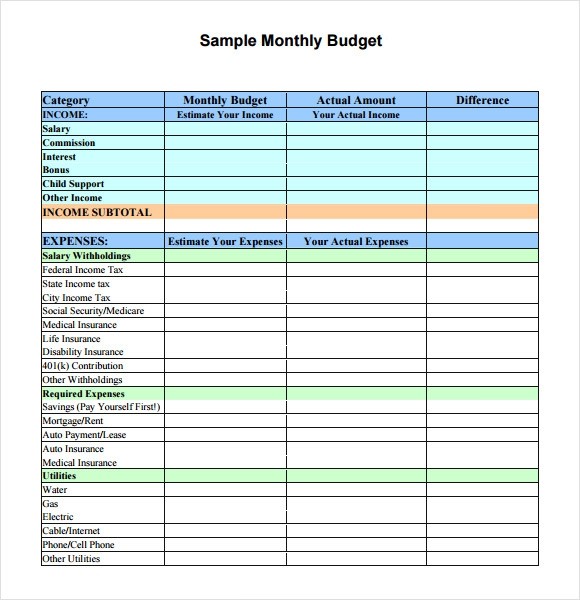 monthly budget sample personal urban