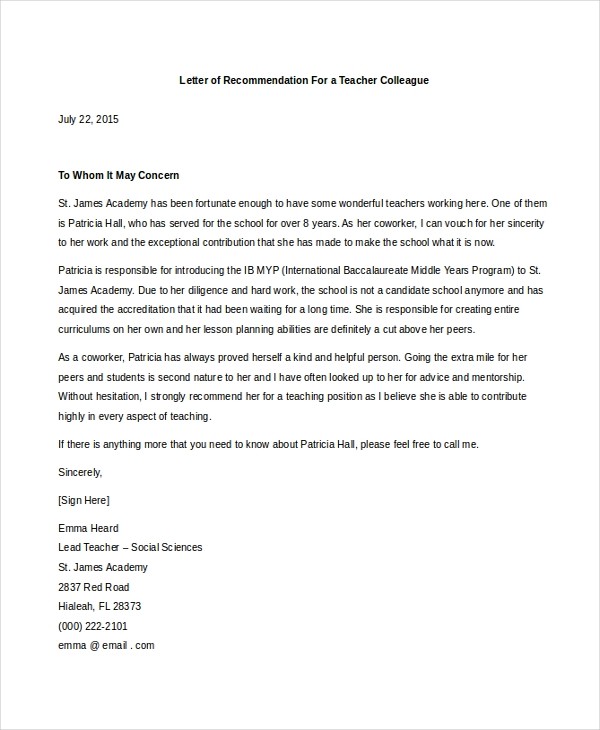 Recommendation Letter For Teacher Colleague 4 Ideas To ...
