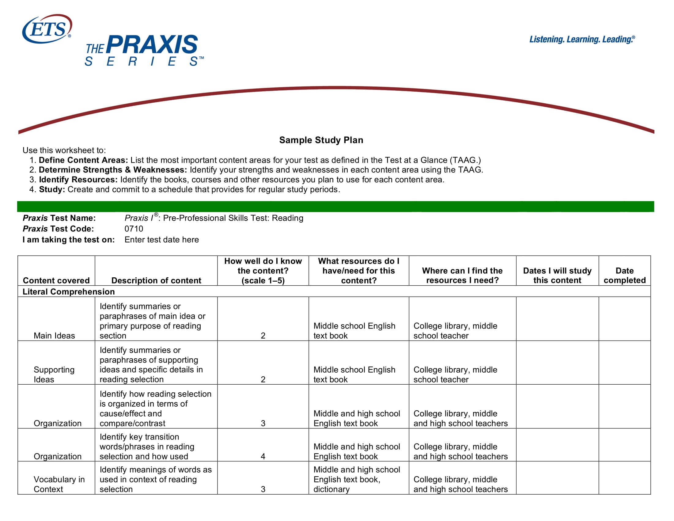 Study Plan Printable