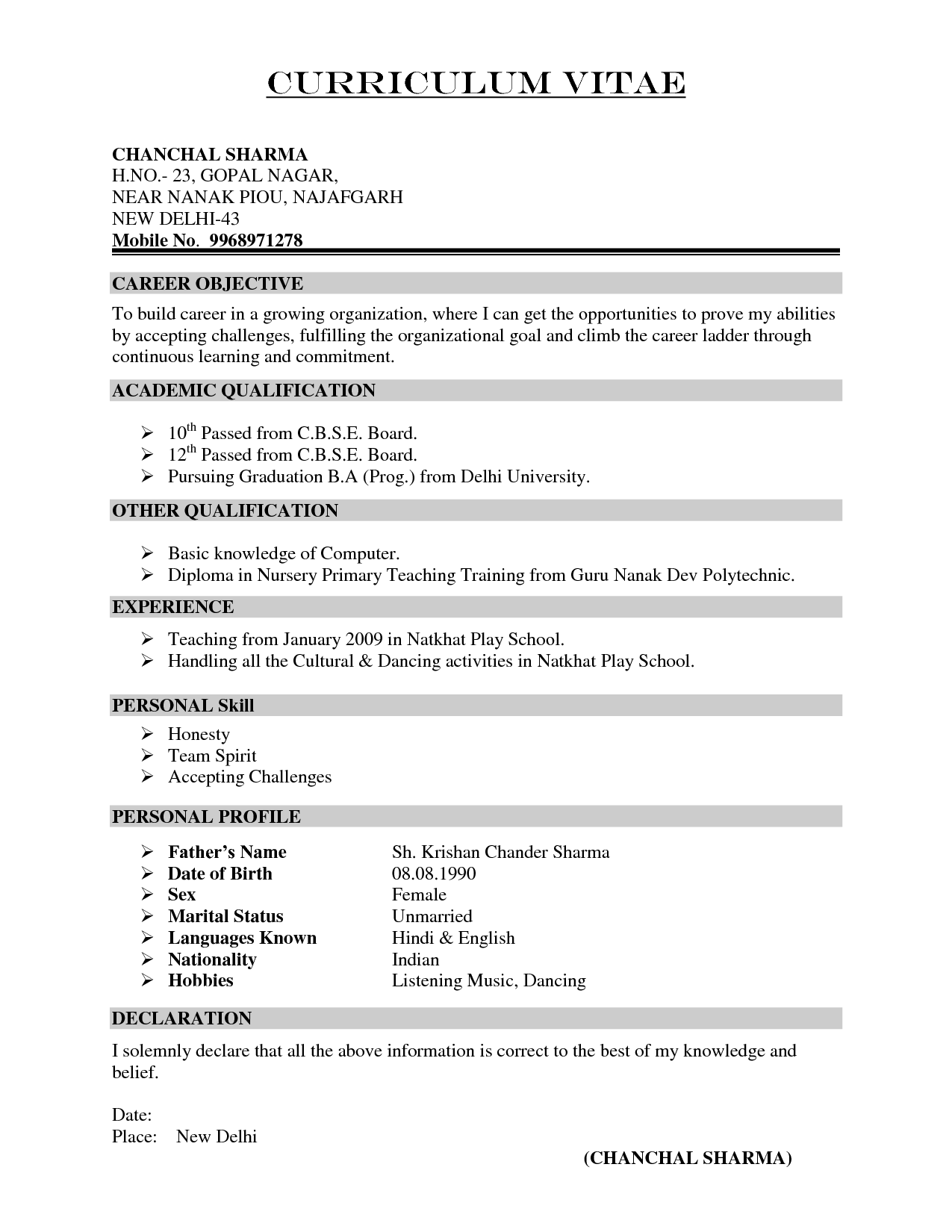 Simple Resume Template Free Download India